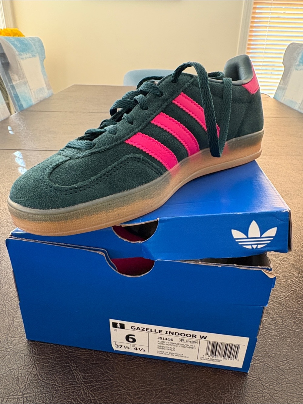 Adidas Gazelle Indoor Womens Suede Sneakers - Dark Green with Pink Stripes